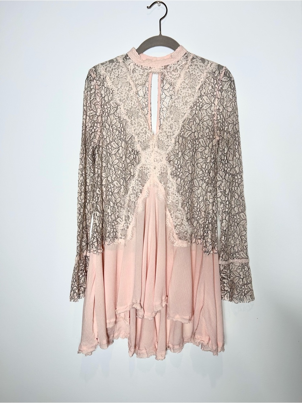 Free People Pink Lace Long Sleeve Boho Mini Dress S